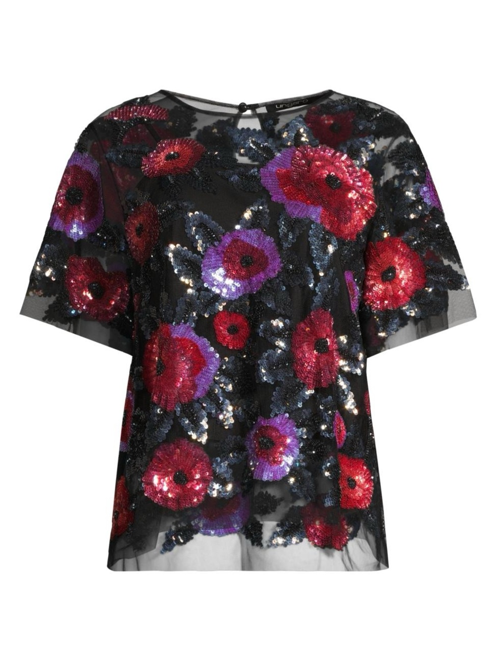 Emanuel Ungaro Black Sheer Top with Red and Purple Sequin Floral Appliqués